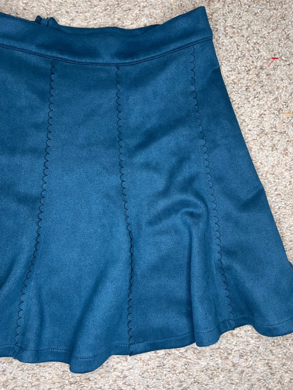 Teal Faux Suede Mini Skirt Scallop Seam A-Line Size Small Soft Velvet Feel - Picture 5 of 9